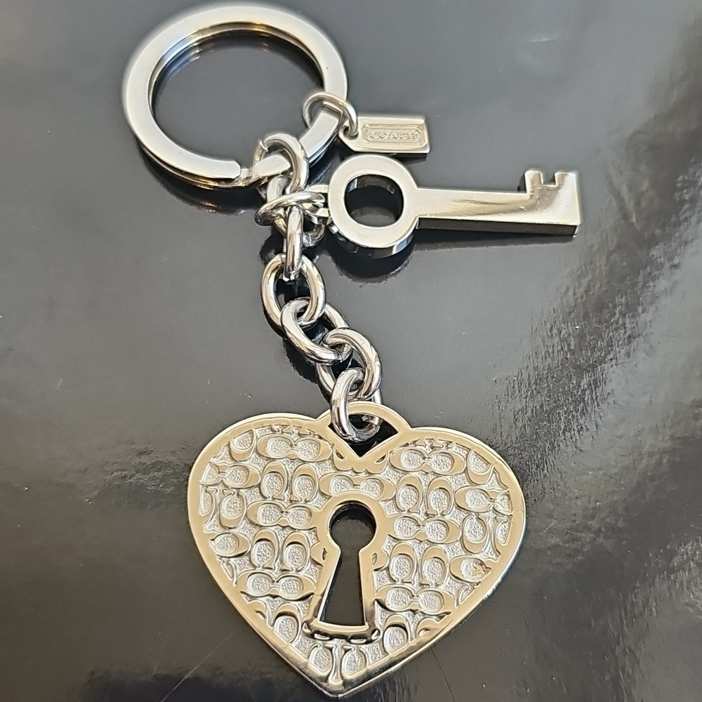 Coach Silver Heart and Key Charm Keychain EUC